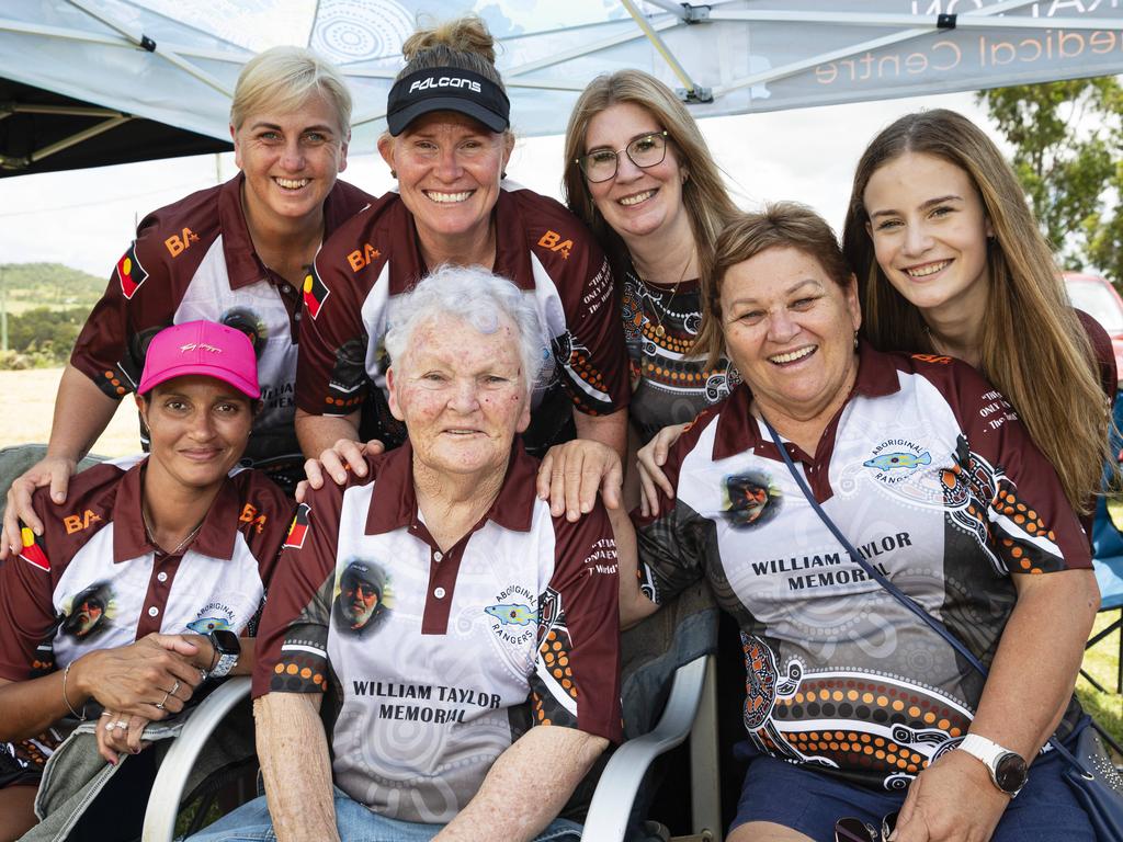 William Taylor's family (from left) Leanne Draper, Ann Dries, Jodie Taylor, Theresa Taylor (front), Charley Taylor, Flo Draper and Maddy Blonksi support his Memorial team at the Warriors Reconciliation Carnival women's games at Jack Martin Centre hosted by Toowoomba Warriors, Saturday, January 18, 2025. Picture: Kevin Farmer