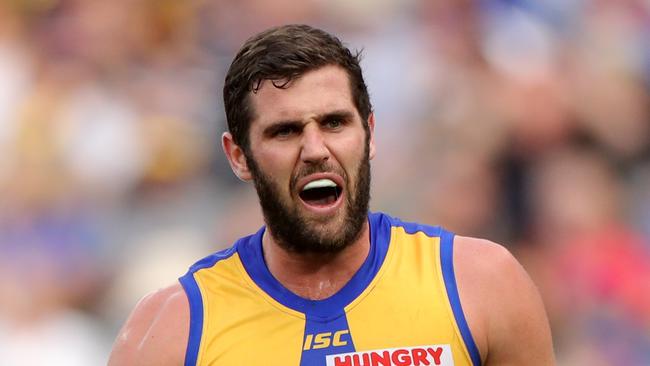 Jack Darling of the Eagles reacts after missing a goal  during the Round 19 AFL match between the West Coast Eagles and the North Melbourne Kangaroos at Optus Stadium in Perth, Saturday, July 27, 2019. (AAP Image/Richard Wainwright) NO ARCHIVING, EDITORIAL USE ONLY