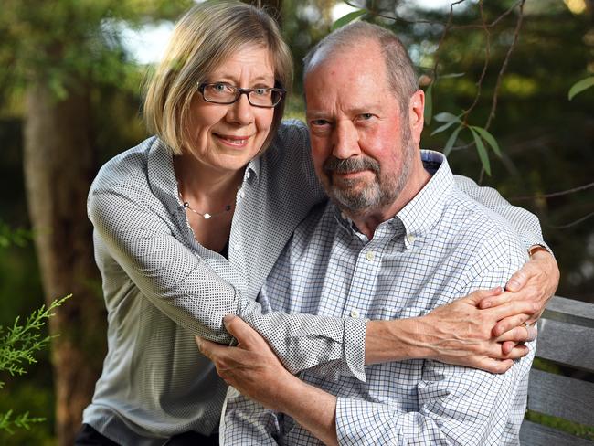 Andrew Knox, pictured with his wife Jayne, is at a Melbourne hospital where he is slowly recovering from a stem cell transplant after his leukaemia returned.