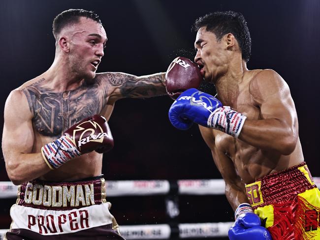 Goodman injured his hand in his win over Chainoi ‘Rockman’ Worawut in July. Picture: No Limit Boxing