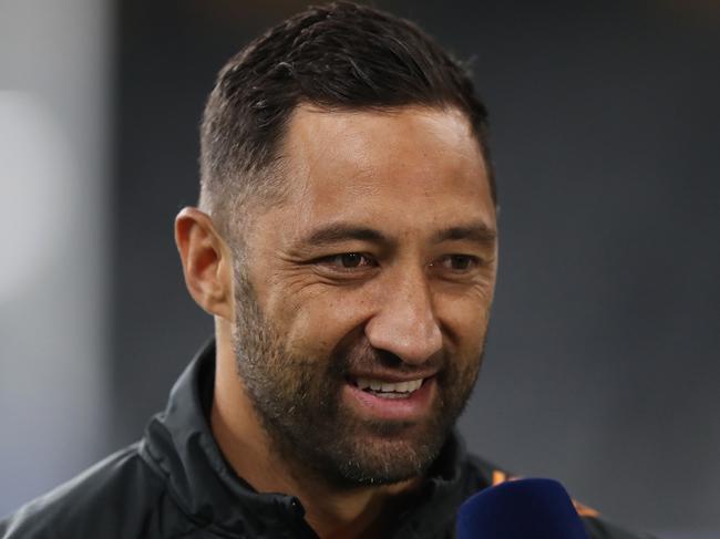 Tigers Benji Marshall is interviewed before the Wests Tigers v Parramatta NRL match at Bankwest Stadium, Parramatta. Picture: Brett Costello