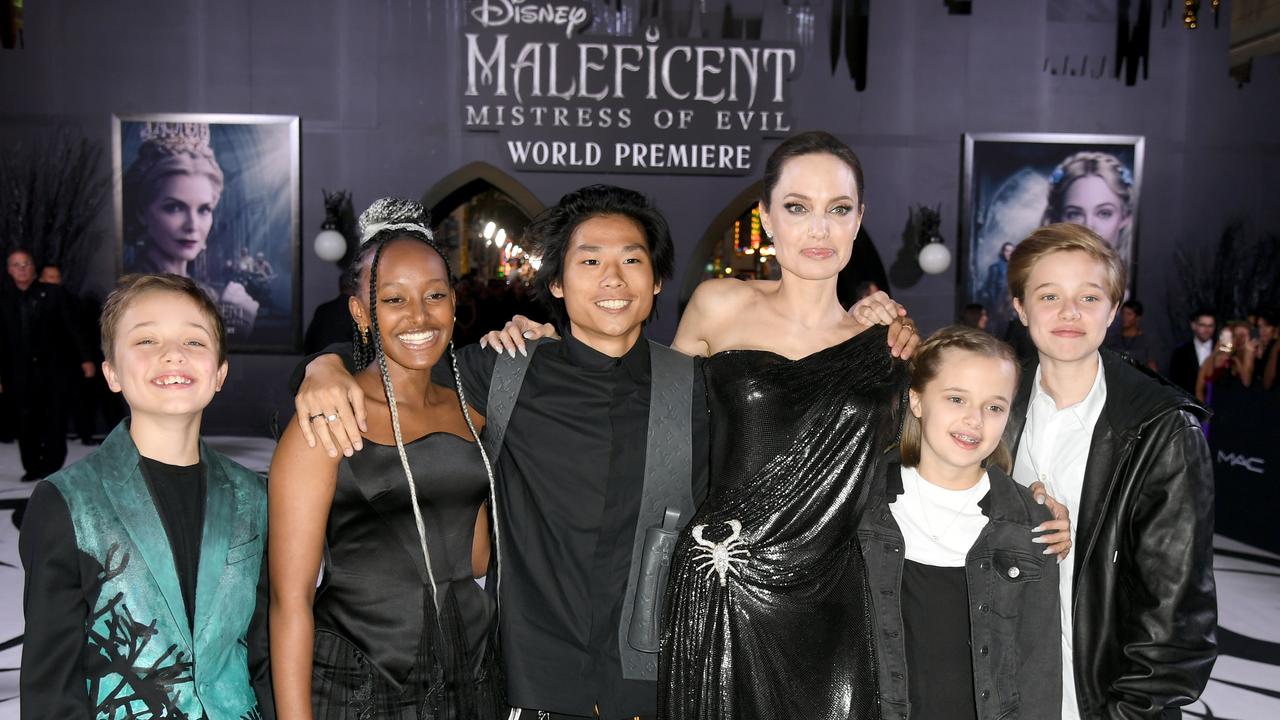 Angelina with five of her six kids: Know, Zahara, Pax, Vivienne and Shiloh at the LA premiere of Disney's Maleficent: Mistress Of Evil in 2019. Picture: Kevin Winter/Getty Images