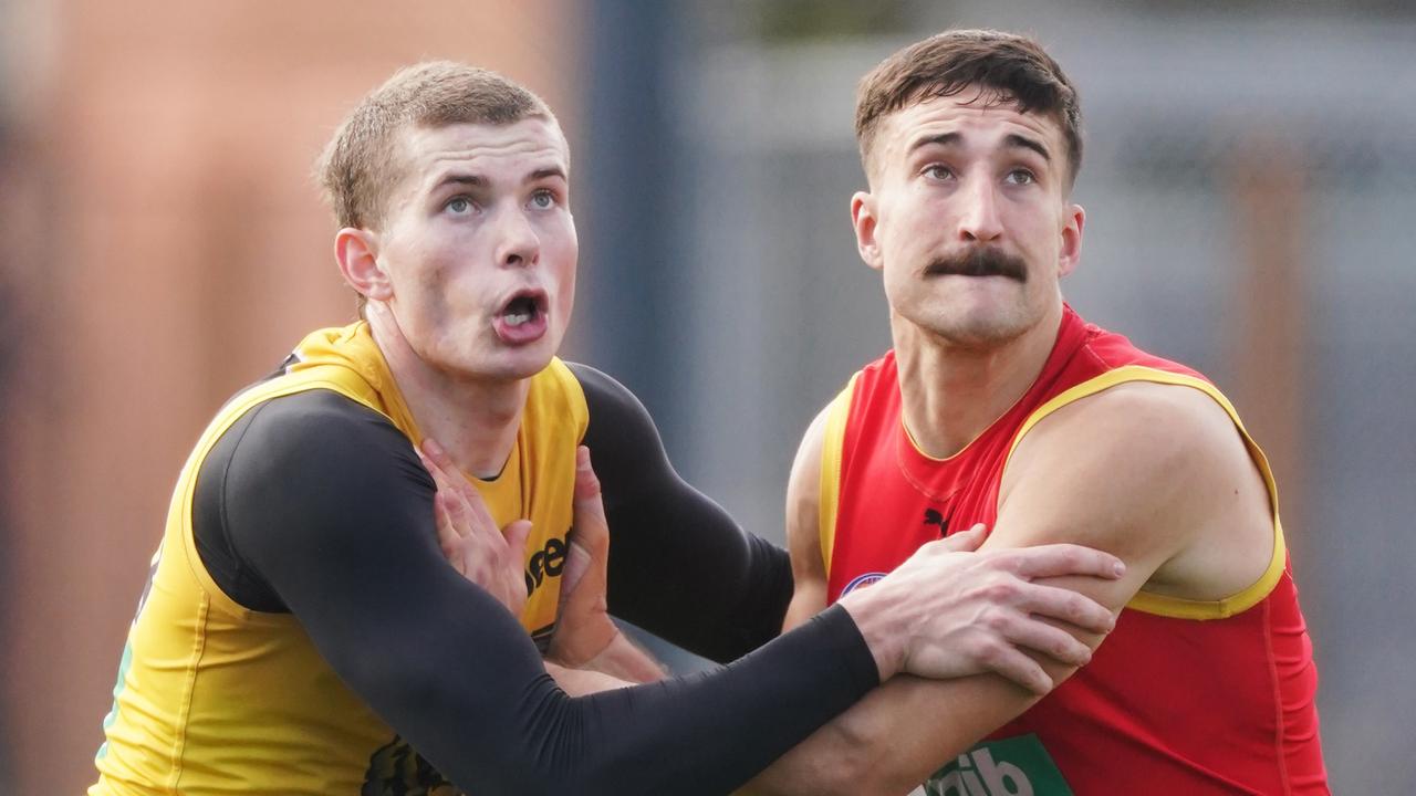 Callum Coleman-Jones competes with Ivan Soldo at training. Picture: AAP Image/Michael Dodge