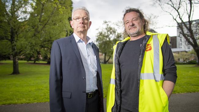 Hobart City Mission chief executive John Stubley and Salvation Army Street To Home team leader Don McCrae at the launch of their Safe Night Space program. Picture: RICHARD JUPE