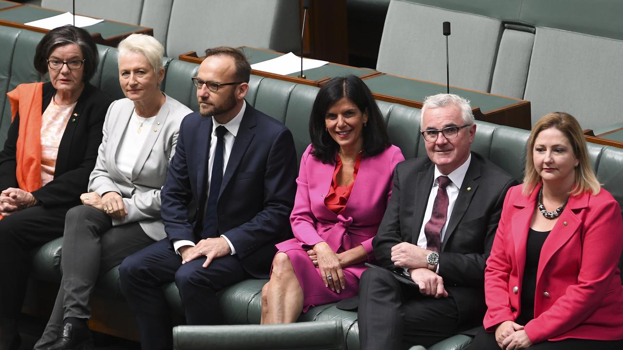 Crossbench MPs Cathy McGowan, Kerryn Phelps, Adam Bandt, Julia Banks, Andrew Wilkie and Rebekha Sharkie. Picture: AAP