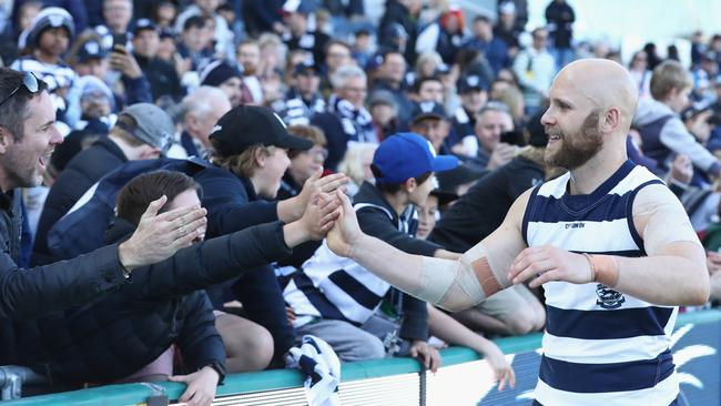 Gary Ablett enjoys the win with Cats fans. Picture: Getty Images