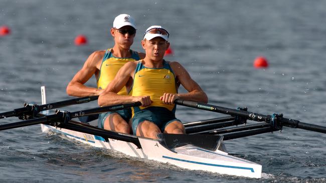 Cameron Wurf (front) in action with George Jelbart at the Athens Olympics. Picture: Tony Marshall/EMPICS via Getty