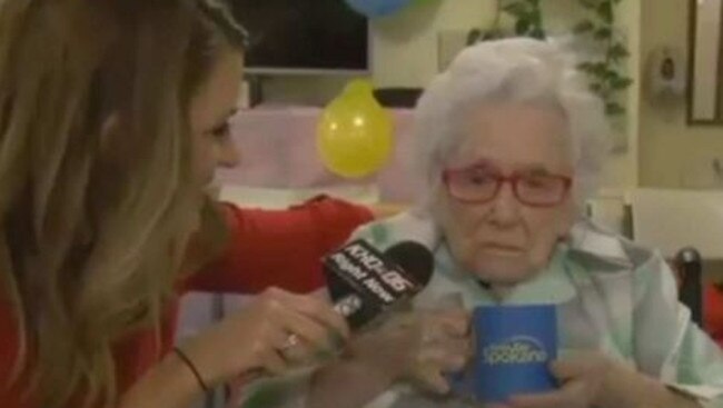 Not impressed ... 110-year-old Flossie Dickey gave reporter Nicole Mischke nothing live on-air. Picture: YouTube