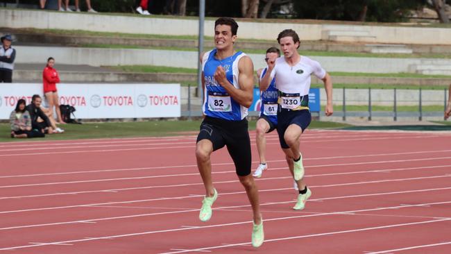 Saints Athletic Club sprinter Aidan Murphy on his way to winning the men's open 200m and breaking a 41-year-old state record at the State Track and Field Championships on Sunday, February 20. Picture: Athletics SA