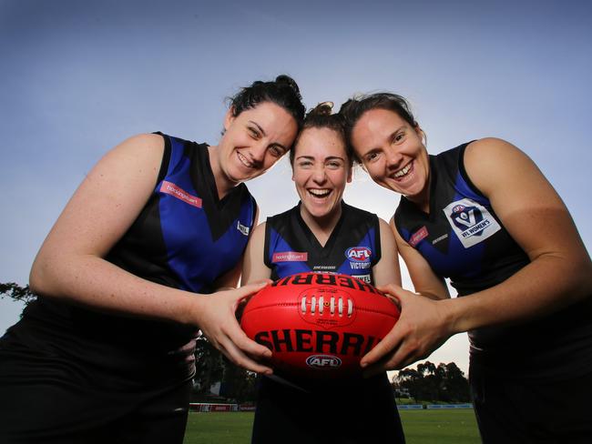 Leah Caluzzi, Alex Gittings, and Emma Kearney in 2016. The club has produced some of the AFLW’s biggest names. Picture: Alex Coppel