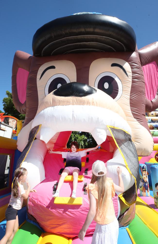 Huge crowds for the first day of the Gold Coast Show. Freya Foster, 6 enters the giant monkey. Picture: Glenn Hampson