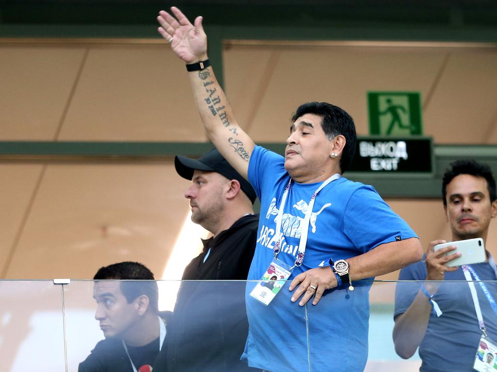 Diego Maradona is seen in the stands during the 2018 FIFA World Cup.