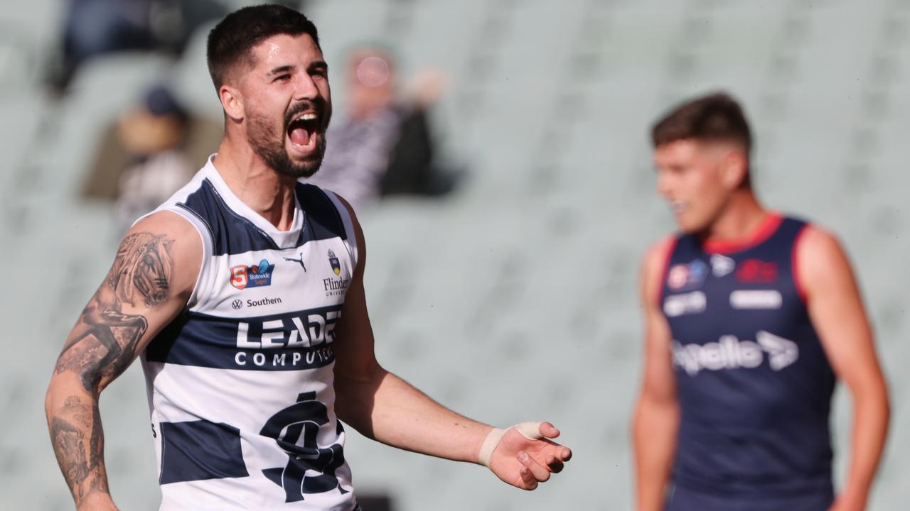 Eamon Wilkinson celebrates a goal during the semi final win over Norwood. Picture: David Mariuz