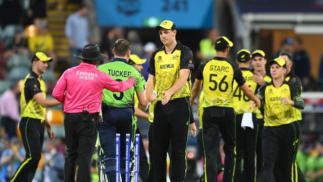 Players shake hand after Australia’s impressive win. Picture: Getty