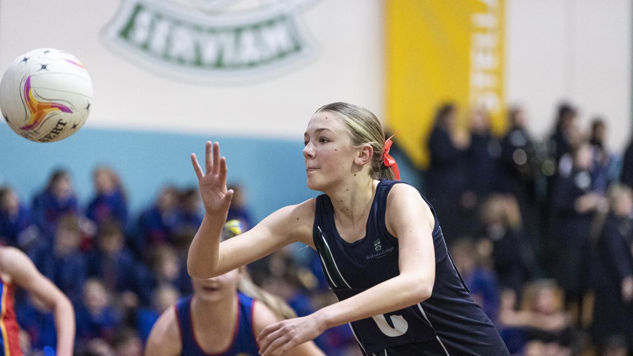 Penny Cavanough of St Ursula's Junior A against Downlands Junior A in Merici-Chevalier Cup netball at Salo Centre, Friday, July 19, 2024. Picture: Kevin Farmer