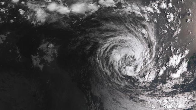 A supplied satellite view taken on Monday, February 18, 2019, of Cyclone Oma seen off the coast of Queensland. (AAP Image/Supplied by Bureau of Meteorology) 