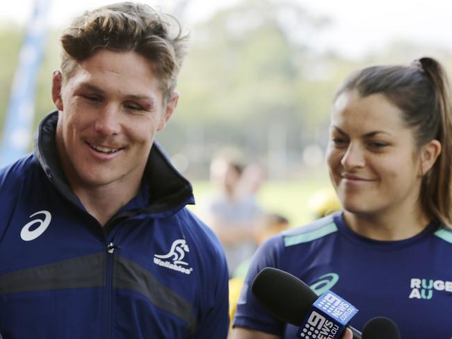 Wallaby Michael Hooper and Grace Hamilton of the Wallaroos.