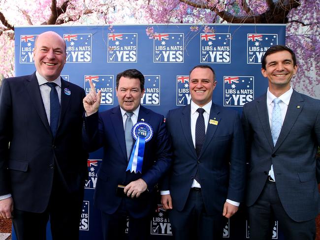 Liberal Politicians Trent Zimmerman, Senator Dean Smith, Tim Wilson and Trevor Evans at the Coalition Parliamentarians for Yes launch. Picture: Kym Smith