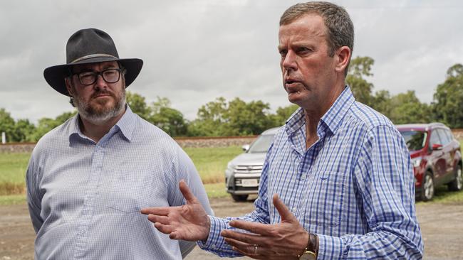 Dawson MP George Christensen and Trade Minister Dan Tehan meeting with sugarcane growers and representatives at a shed talk on Tuesday. Picture: Heidi Petith