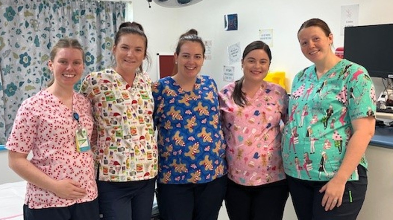 Ayr Health Service nurses Samantha Boxall, Ashleigh Collins, Emilee Kiehne, Kaitlin Paige and Briana Arthur have all given birth within the last two months. Picture: Supplied