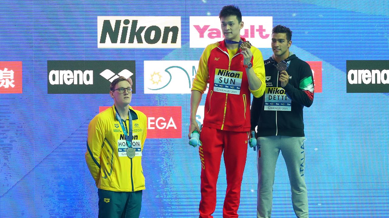 Silver medallist Mack Horton of Australia protested against gold medallist Sun Yang.