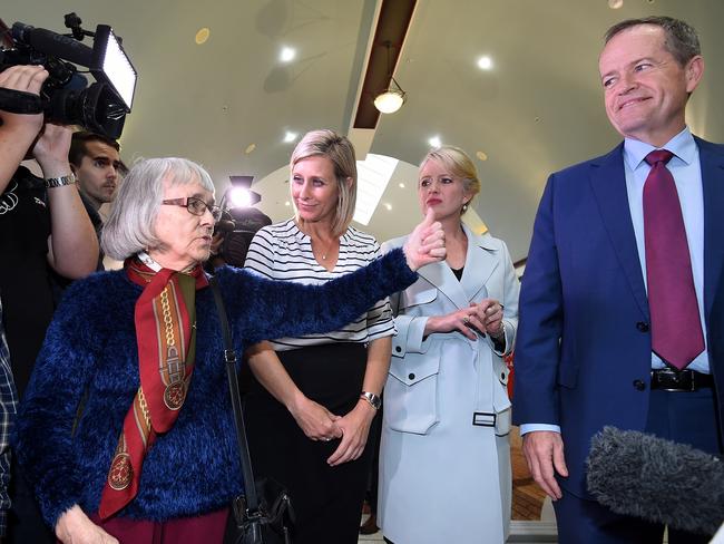 An elderly woman gives Bill Shorten the thumbs up during a visit to Morayfield, north of Brisbane on Tuesday. Picture: Dan Peled