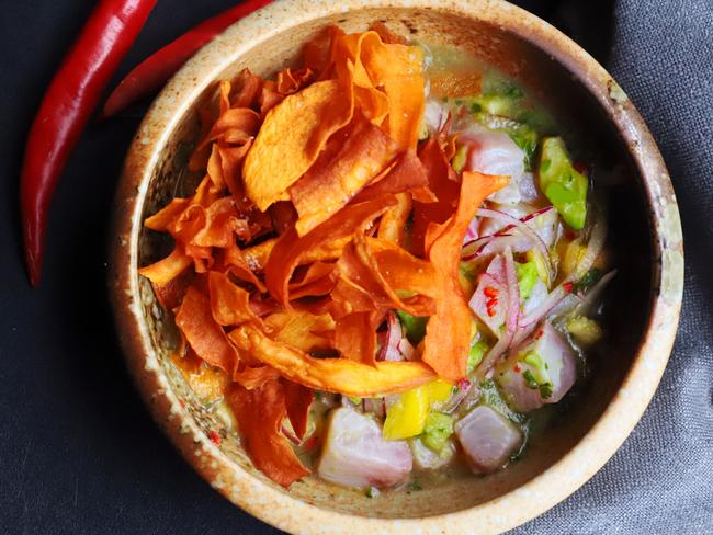 Nikkei Bar &amp; Restaurant’s southern calamari and ceviche. Picture: Jenifer Jagielski