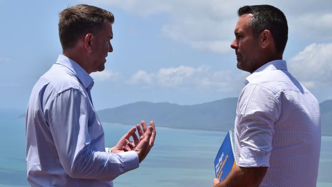 Deputy Opposition Leader Jarrod Bleijie with Townsville’s incoming MP Adam Baillie at Castle Hill Lookout in Townsville. In the campaign Mr Bleijie compared another political candidate in a different election to ‘Troy Thompson 2.0” because of the uncertainty of voting that person in. Picture: Nikita McGuire.