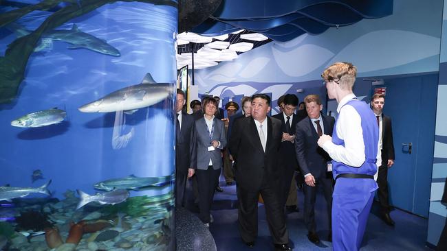 Kim Jong Un paying a visit to the Primorsky Regional Aquarium in Vladivostok, Primorsky region. Picture: KCNA via KNS/AFP