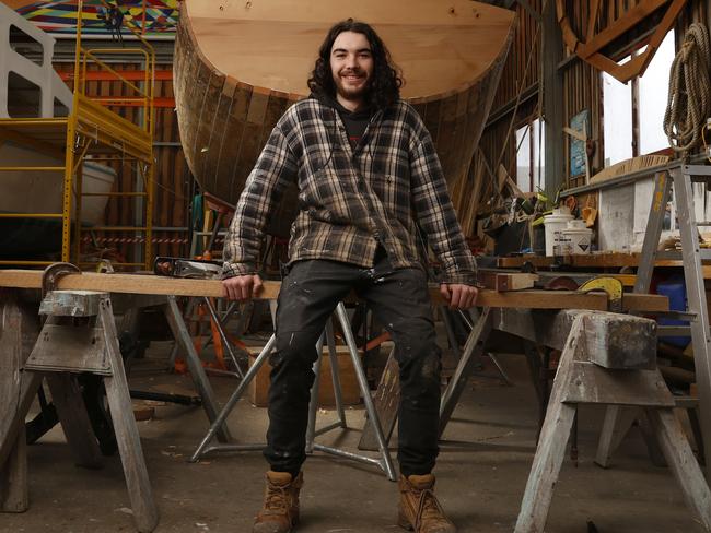 Tynan Herington the first apprentice to be taken on at The Wooden Boat Centre in Franklin to complete an apprenticeship in marine craft construction .  Picture: Nikki Davis-Jones