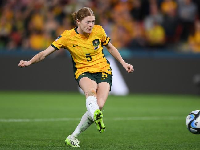 Cortnee Vine’s penalty shot rockets the Matildas into the semi-finals. Picture: Justin Setterfield/Getty Images