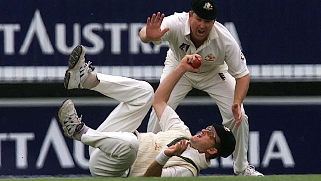 Cricketer Mark Waugh with Shane Warne playing against India in 2002.