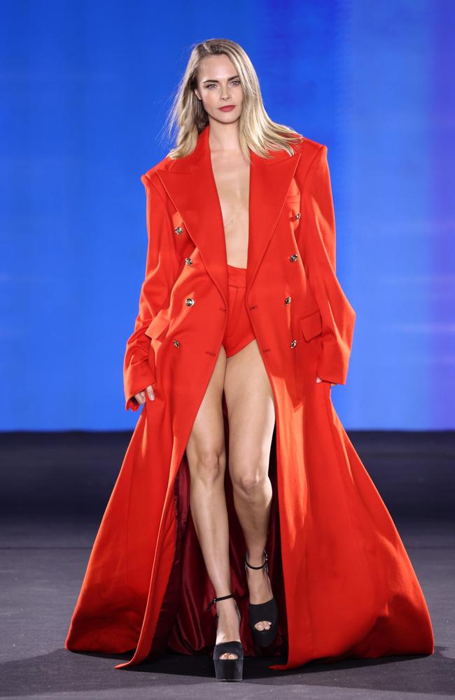 Cara Delevingne joined her supermodel pal on the catwalk in an equally show-stopping look. Picture: Pascal Le Segretain/Getty Images