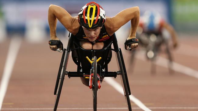 Marieke Vervoort wins the women's 100m T52 final at the IPC Athletics World Championships in Doha last year. Picture: Getty Images