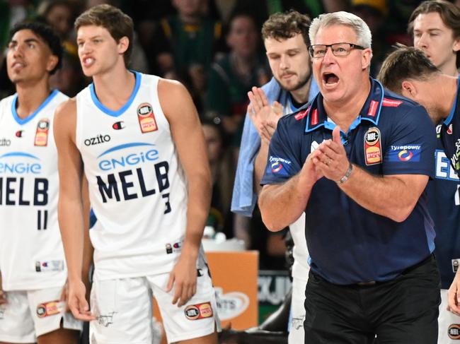 HOBART, AUSTRALIA - MARCH 28: Dean Vickerman, Head Coach of United reacts during game four of the NBL Championship Grand Final Series between Tasmania Jackjumpers and Melbourne United at MyState Bank Arena, on March 28, 2024, in Hobart, Australia. (Photo by Steve Bell/Getty Images)