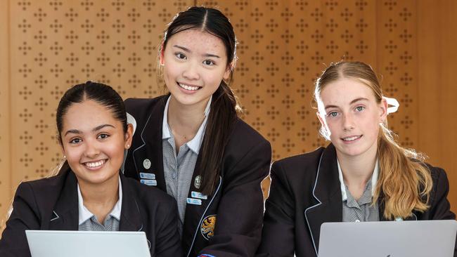 Year 9 students Gabrielle Chisholm, 15, Sarah Mah, 15 and Sarah Cooper, 15 from Wilderness School which ranked third in the state for NAPLAN results. Picture: Russell Millard Photography