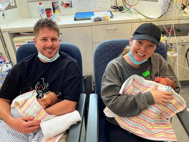 Bryce Ruthven and Melissa Rawson with their newborn twins Levi and Tate. Picture: Instagram