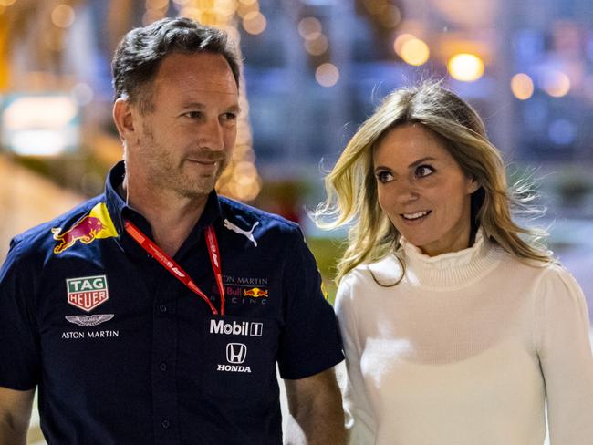 BAHRAIN, BAHRAIN - MARCH 29: Red Bull Racing Team Principal Christian Horner and his wife Geri walk in the Paddock after practice for the F1 Grand Prix of Bahrain at Bahrain International Circuit on March 29, 2019 in Bahrain, Bahrain. (Photo by Mark Thompson/Getty Images)