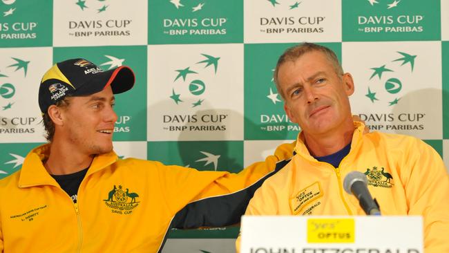 Lleyton Hewitt with John Fitzgerald before the 2008 Davis Cup match in Townsville.