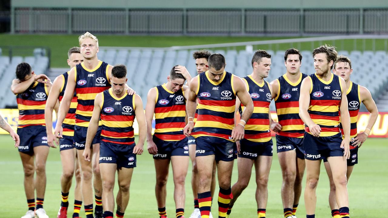 AFL - Adelaide Crows v Sydney Swans at the Adelaide Oval. Crows players including Taylor Walker hang their heads after the loss Picture SARAH REED