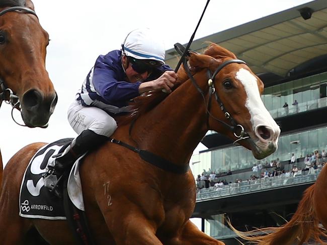 SYDNEY, AUSTRALIA - OCTOBER 05: Rachel King riding  King Kirk wins Race 2 Arrowfield Breeders' Plate during Sydney Racing at Royal Randwick Racecourse on October 05, 2024 in Sydney, Australia. (Photo by Jeremy Ng/Getty Images)