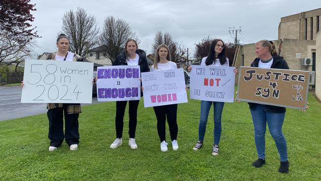 Sophie Ferguson, Verity Little, Kimmi Smith, Shenta Bell, and Kristy Ellery, family and friends of Synamin Bell outside court, before the sentencing of her killer Cody Edwards in Mount Gambier. Picture: Jessica Dempster