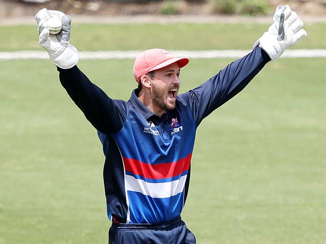 Victorian Premier Cricket: Greenvale v Footscray at Greenvale Reserve, 17 December 2022. FootscrayÃs Dylan Kight appeals for a wicket.Picture : George Salpigtidis