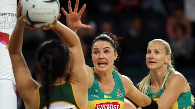 Sharni Layton on the defence in the Diamonds win over South Africa on Saturday in Auckland. Pic: ©Michael Bradley