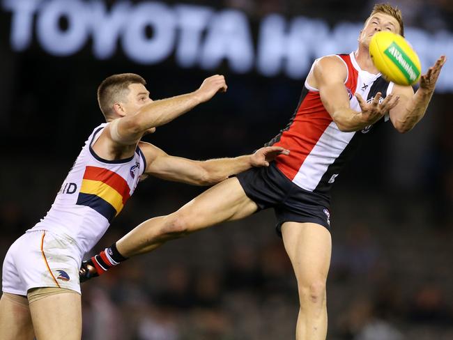 Jack Newnes marks in front of Bryce Gibbs. Picture: Michael Klein