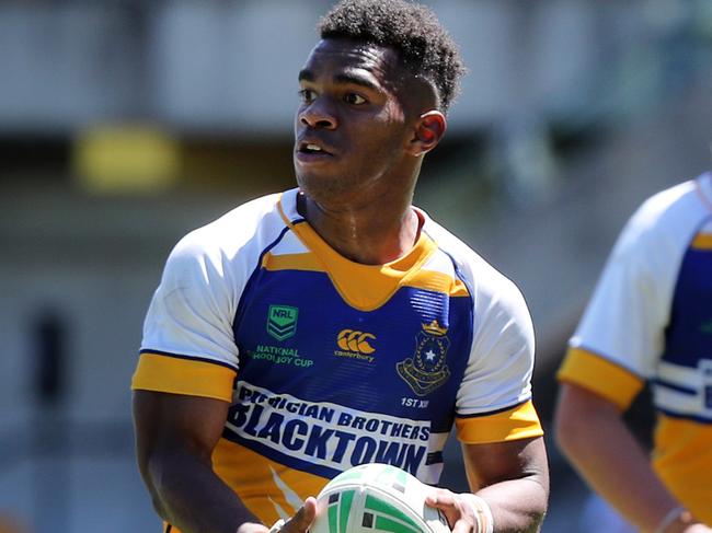 Pictured is man of the match for Patrician Brothers Blacktown Sunia Turuva at the 2020 NRL Schoolboy Cup Grand Final between Westfields Sports High and Patrician Brothers Blacktown at Leichhardt Oval in Sydney.Picture: Richard Dobson