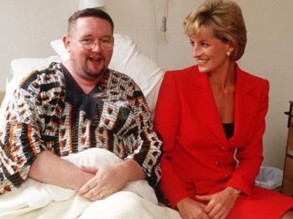 Princess Diana sits with Gerard McGrath at London Lighthouse in October 1996. Picture: Supplied