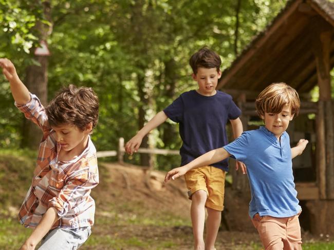 CHILDREN NATURE -  Boys playing on tree stumps in forest. Friends are wearing casuals. They are spending leisure time together. Picture: Istock