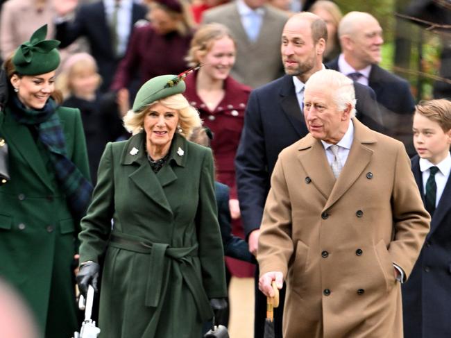 SANDRINGHAM, NORFOLK - DECEMBER 25: Princess Catherine, Princess of Wales,Queen Camilla Prince William, Prince of Wales,King Charles III and Prince George of Wales attends the 2024 Christmas Morning Service at St Mary Magdalene Church on December 25, 2024 in Sandringham, Norfolk. (Photo by Jordan Peck/Getty Images)