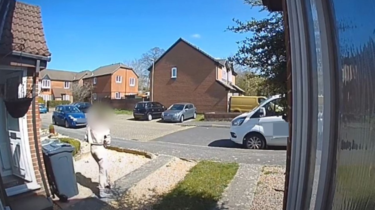 The woman is seen picking up the faeces in a bag then emptying it on her neighbours front lawn.